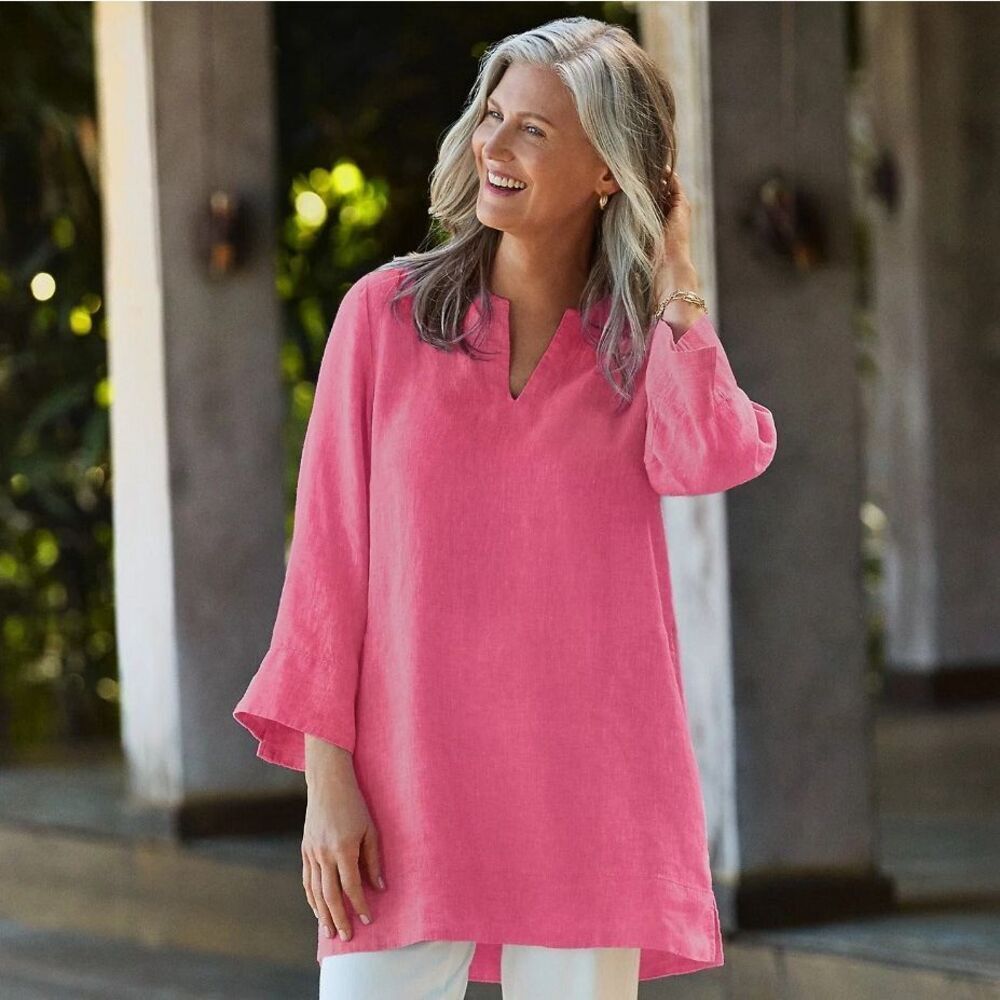 LANDS’ END Linen Tunic Women’s Size Small Hot Pink Split Neck Pockets NWT Top‎